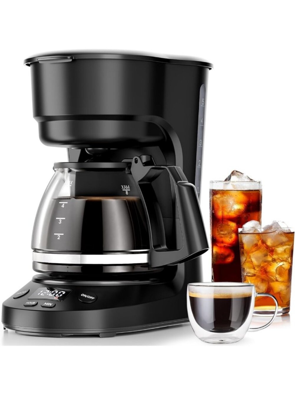 5-Cup Drip Coffee Maker with LED Display, Timer, Anti-Drip & Auto Shut-Off